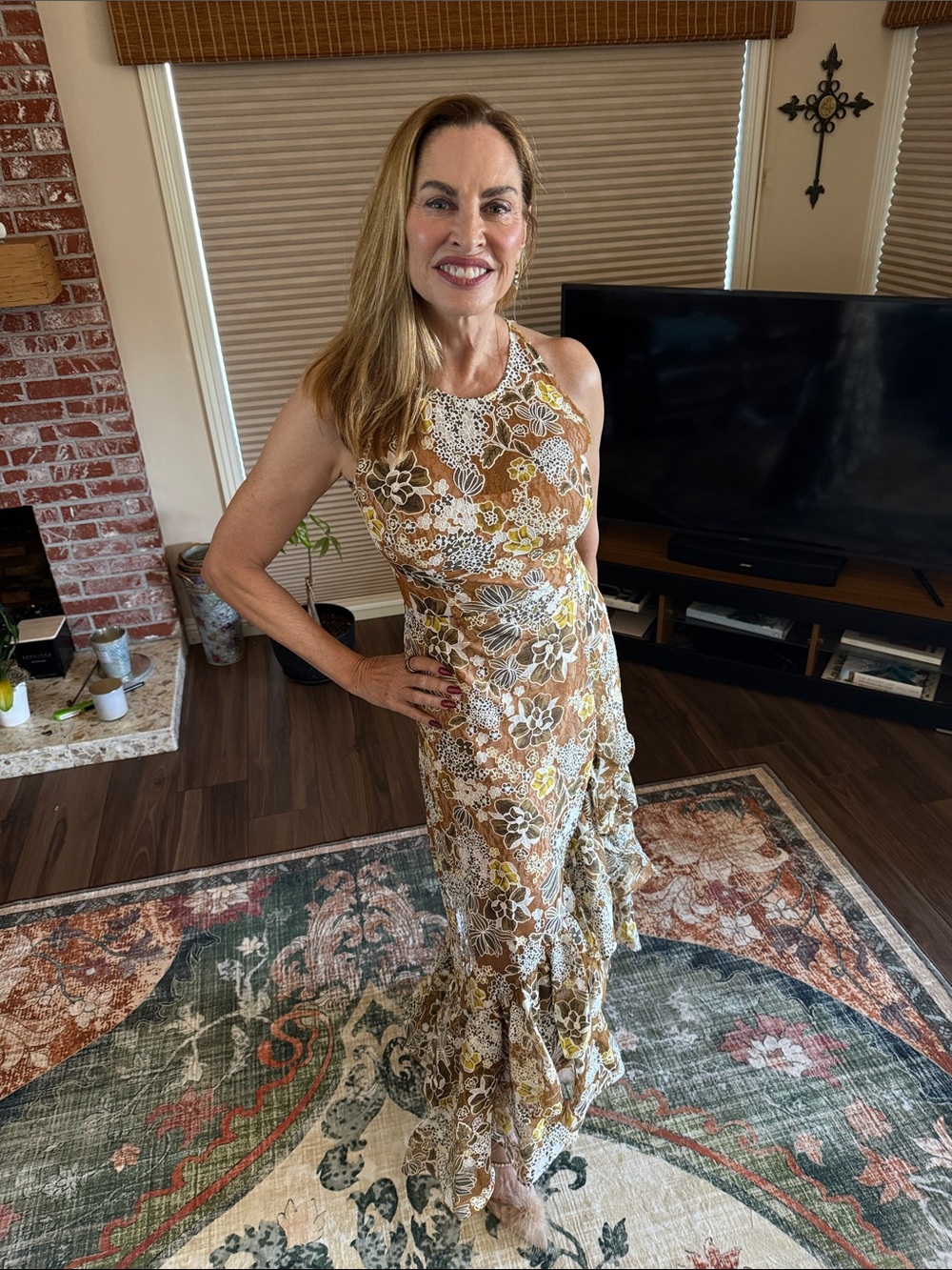 Floral Halter Maxi Dress in Brown and Cream